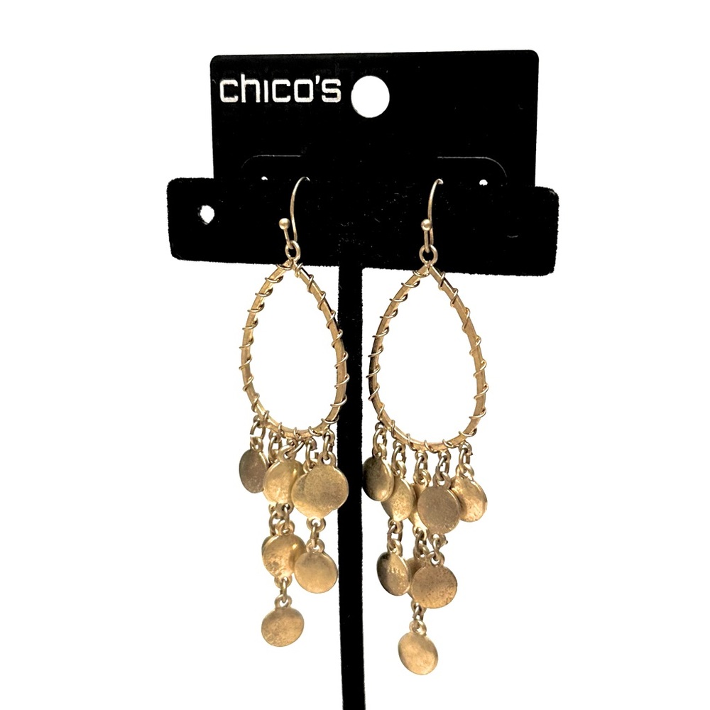 CHICO’s Antiqued Gold Wire-wrapped Disc Dangle Earrings NWT - Picture 6 of 8